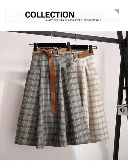 Plaid Vantage High Waist A-line Loose With Belt Pocket Women's Skirt Korean Fashion Mid-Calf Long Skirts For Women 2024 Spring.