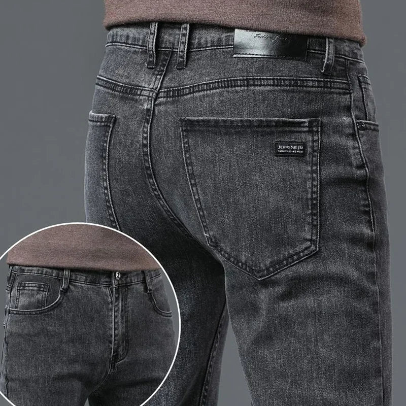 Men Business Denim Pants Male Classic Casual Straight Leg Slim Fit Trousers Elastic Solid Smoke Gray Pants.