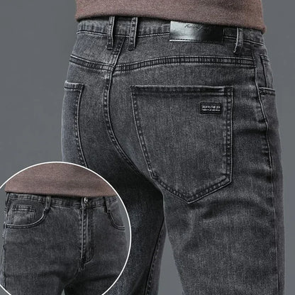 Men Business Denim Pants Male Classic Casual Straight Leg Slim Fit Trousers Elastic Solid Smoke Gray Pants.