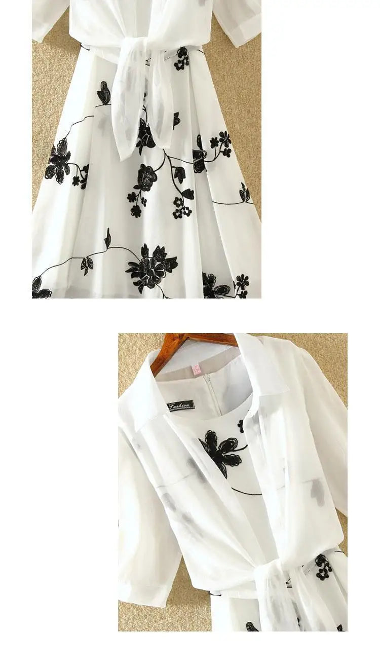 Neuer eleganter Anzug, zweiteiliges Kleid, hohe Taille, ärmellos, schlanker A-Linien-Rock, Blumenstickerei, weißes Oberteil, Schleife, Gürtel, Vintage-Frau.