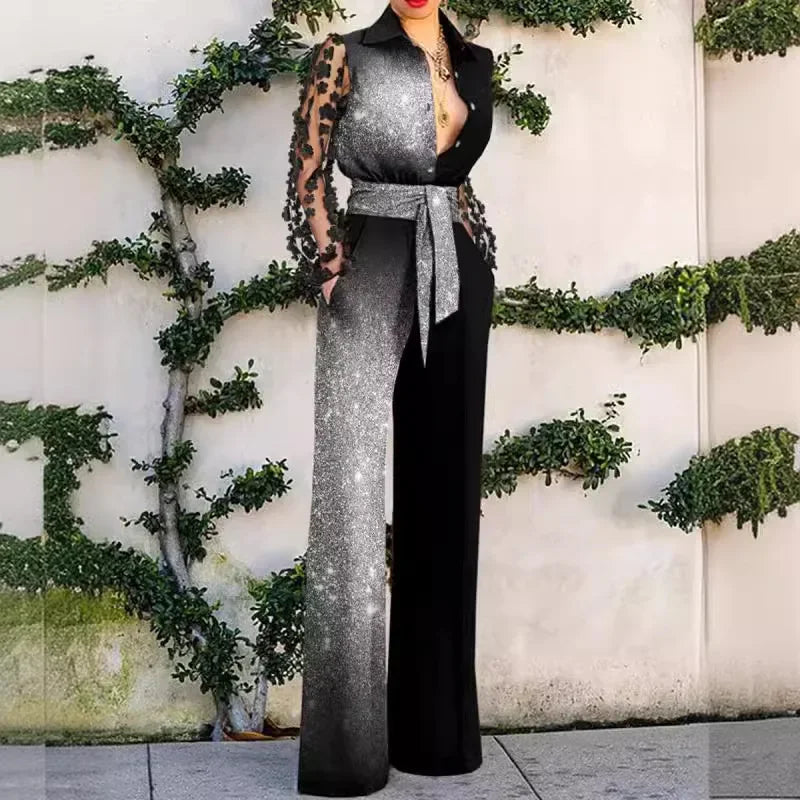 Sexy Fashion Lace Long Sleeve High Waist Single Breasted Wide Leg Pants Overalls Romper Onepices Elegant Women Corset Jumpsuit.