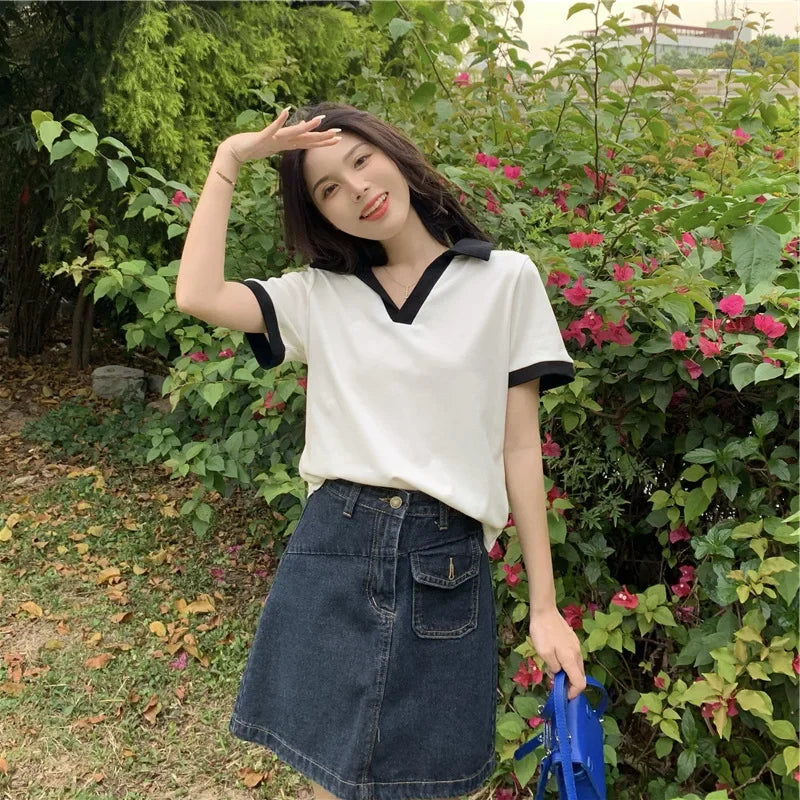 American Style Sweet And Spicy Girl Polo Shirt Women's Summer New Student Design Slimming Short Sleeve T-shirt Color Block.