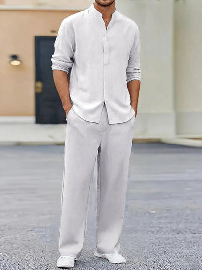 Summer Men's Two Pieces Casual Outfit Loungewear Solid Color Long Sleeves Shirt Breathable Trousers Suits Men Loose Streetwear.