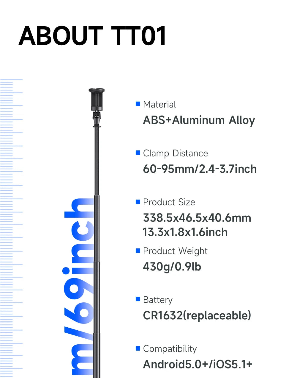 TT01 1770mm All-in-one Auto Pop Open Tripod Bluetooth Remote Tripod Bounce Selfie Stick Phone Holder for Vlog/Video