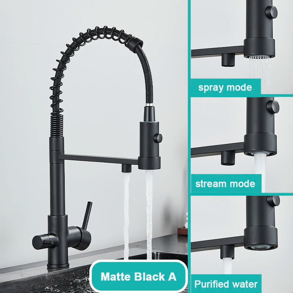 Gray Filtered Kitchen Faucet Dual Spout Hot Cold Mixer Purification Water Crane Filter Water Faucet Deck Mount