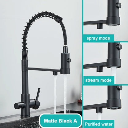 Gray Filtered Kitchen Faucet Dual Spout Hot Cold Mixer Purification Water Crane Filter Water Faucet Deck Mount