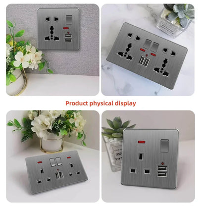 Große Neigungssteckdose im nordischen Stil, grau, 13 A, elektrische Schaltersteckdose nach britischem Standard, universelle Wand-Doppelsteckdose mit USB-Anschluss 2,1 A.