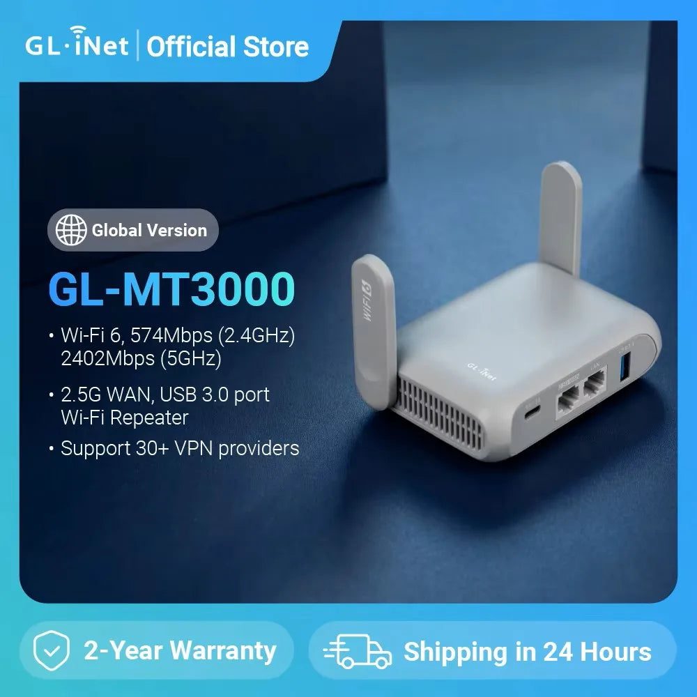 GL.iNet GL-MT3000 (Beryl AX) Wi-Fi 6 Wireless Travel Gigabit Router, Connect Public & Hotel Wi-Fi, Captive Portal, Cybersecurity.
