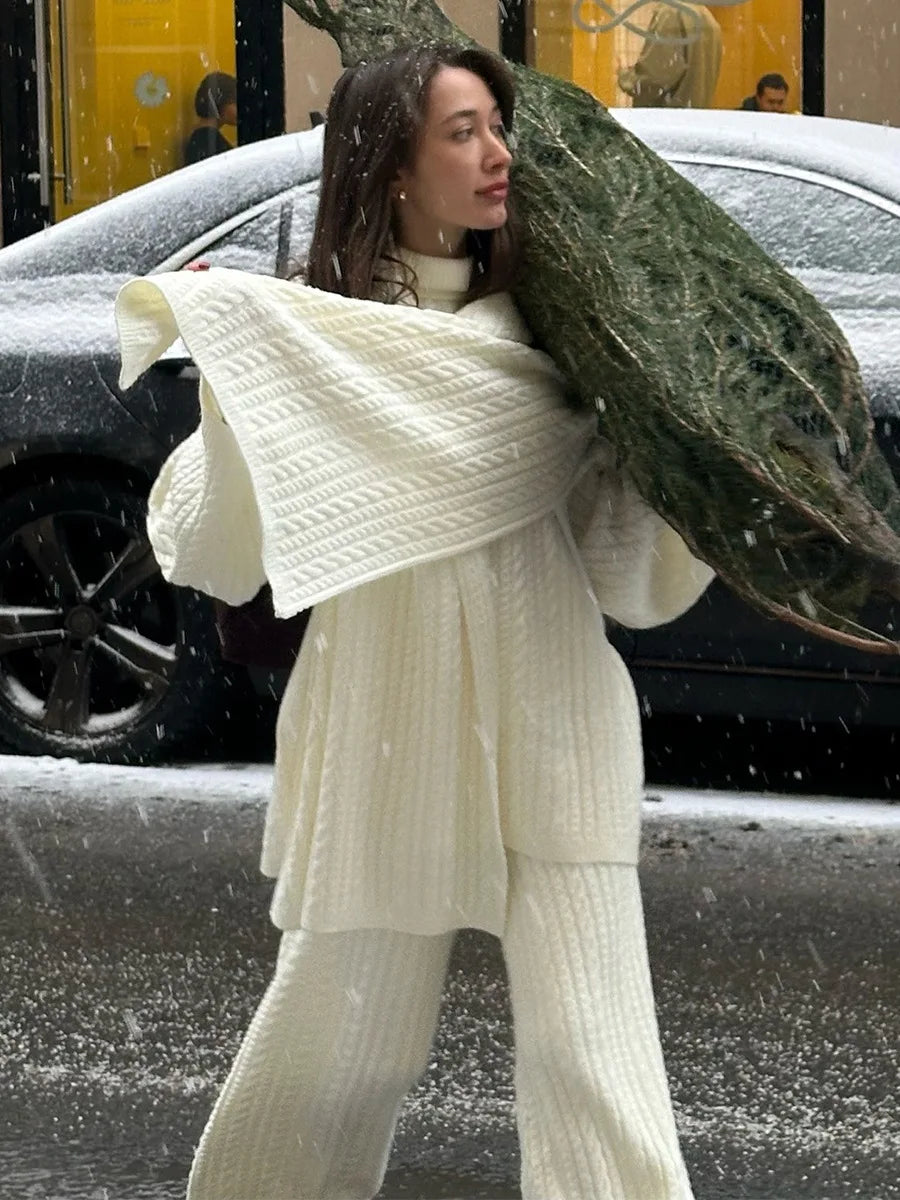 Bornladies Herbst Winter Mode frauen Neue Zopfmuster Pullover Breite Bein Hosen Set Weiche Wolle Mischung Lose Fit High Neck Pullover