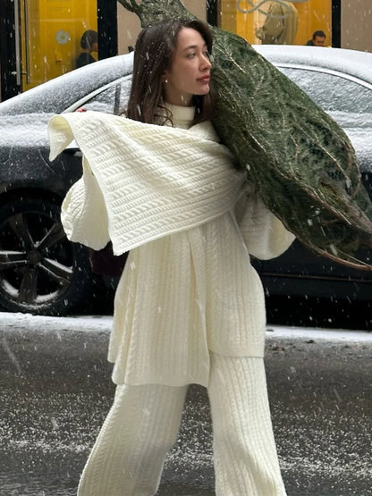 Bornladies Herbst Winter Mode frauen Neue Zopfmuster Pullover Breite Bein Hosen Set Weiche Wolle Mischung Lose Fit High Neck Pullover