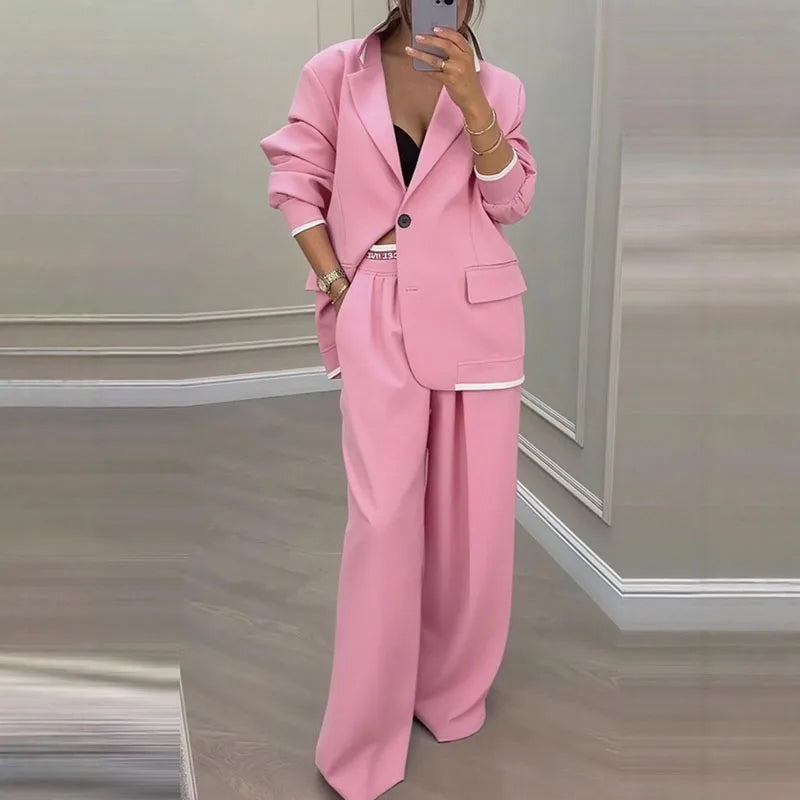 Autumn Winter Blazer Jacket Set Woman Elegant Single Button Lapel Cardigans & Wide Leg Trousers Suit Elegant Solid Office Outfit.