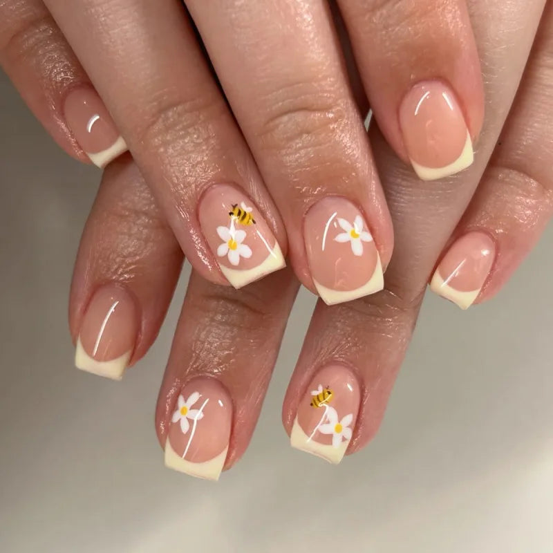 Mid-length Coffin Fake Nails 24Pcs White French Tip Ballerina Press On Nail Pink/White Flower Printed Spring/Summer DIY Manicure