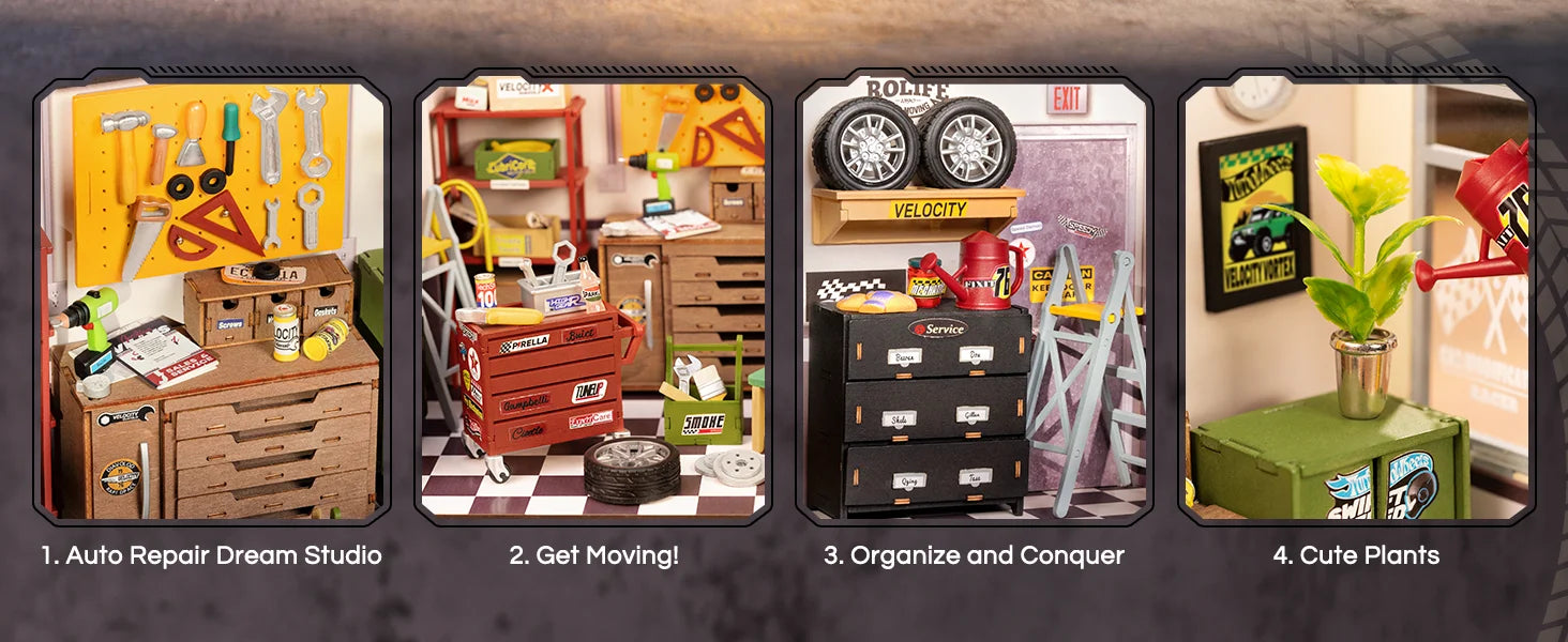 Robotime Rolife Dollhouse Miniature House Kit DIY Mini Garage Workshop LED Light Decorative Wooden Craft Gifts for Children.