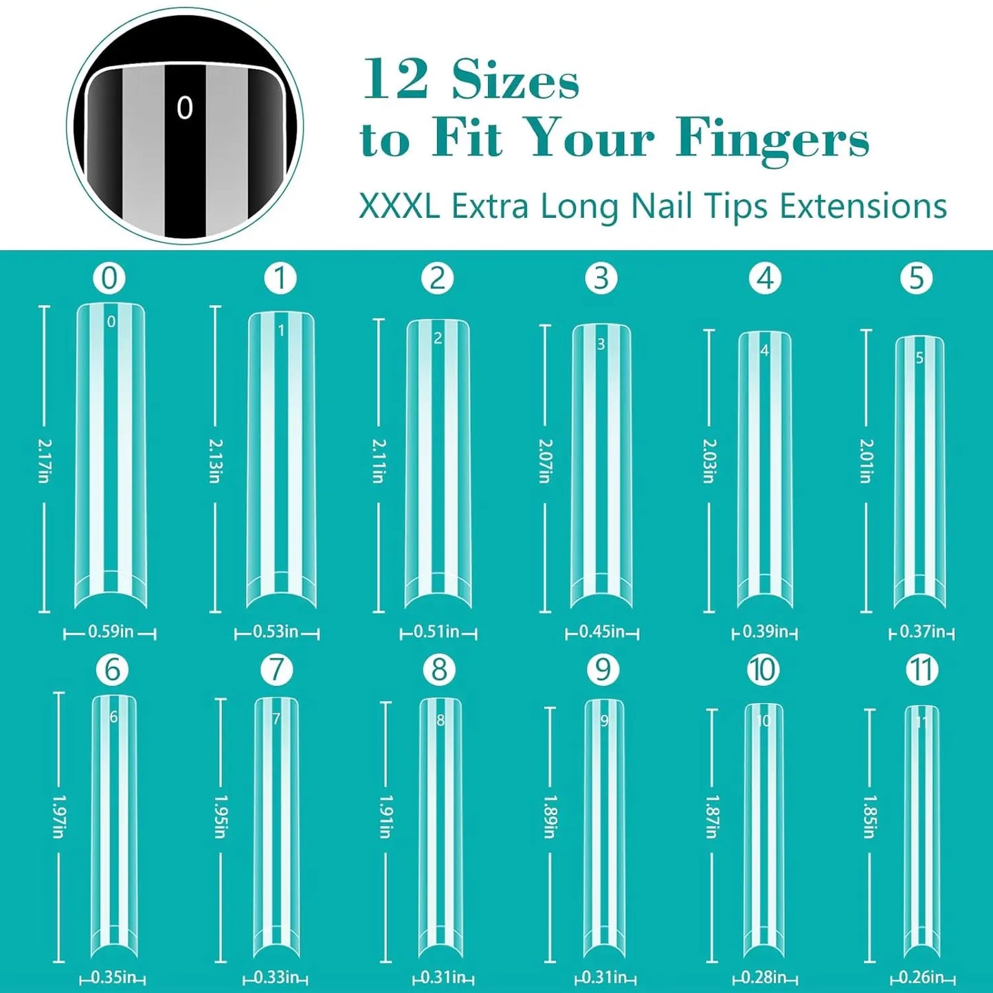 240PC Professional 3XL Extra Long Clear Square Nail Tips 12 Sizes Half Cover Acrylic Nails NO C CURVE Long Square Fake Nail Tips.
