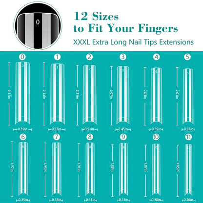 240PC Professional 3XL Extra Long Clear Square Nail Tips 12 Sizes Half Cover Acrylic Nails NO C CURVE Long Square Fake Nail Tips.