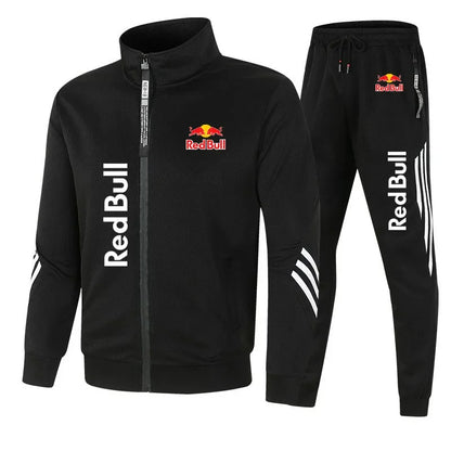 2025 Red Bull Logo Men's Hoodie Set Two-piece New Red Bull Brand Logo Printed Zipper Jacket Solid Color Simple Cycling Suit.