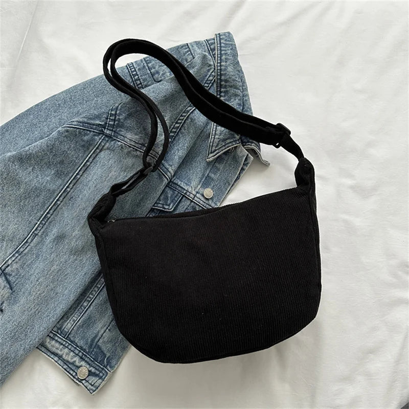 Corduroy Shoulder Bag Minimalist Crossbody Bag Women's Handbags Fashion Fabric Underarm Bag Solid Color Zipper Female Handbag