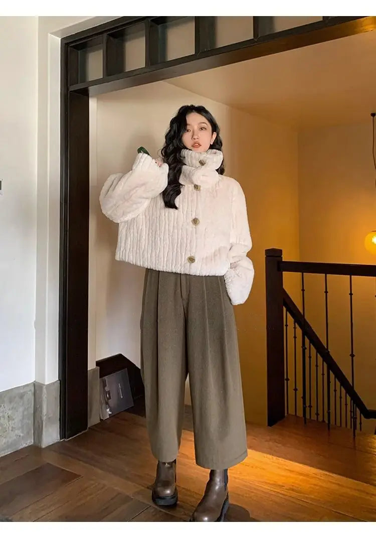 2025 Winter Fashion Stand Collar Warm Plush Short Jacket Women Autumn Retro Street Thickened Loose Harajuku Casual Short Jacket.