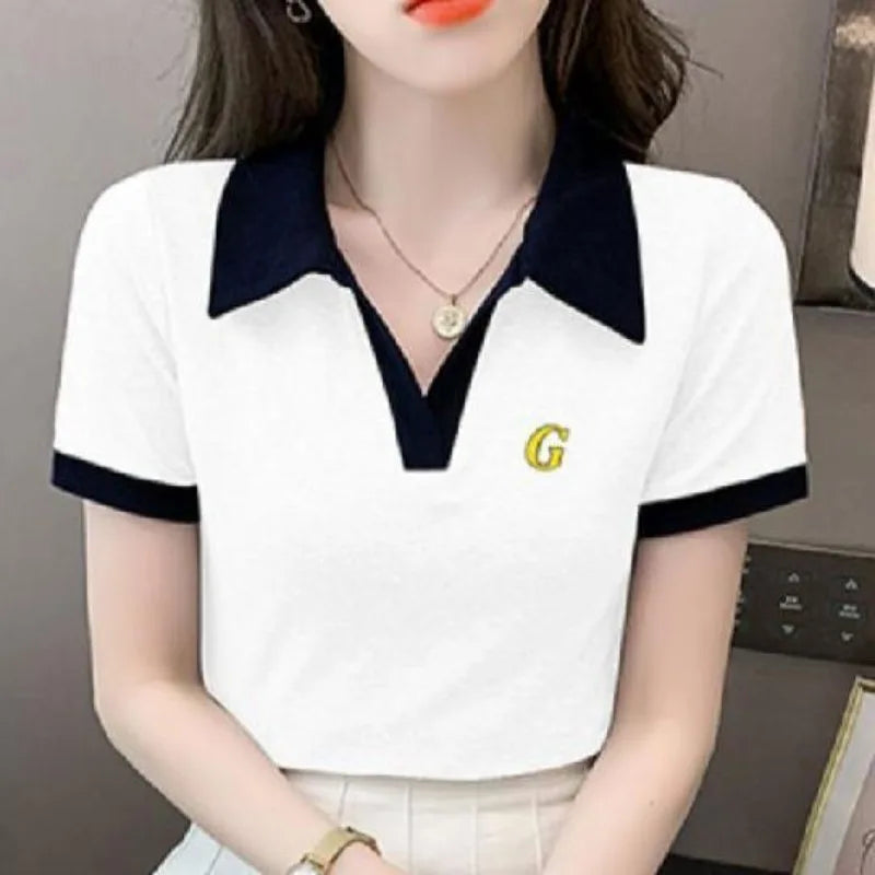 Women's Polo Shirts Slim Female Tee Plain Graphic T-shirts Embroidery Polyester Y2k Fashion Aesthetic Basic Synthetic Luxury New.