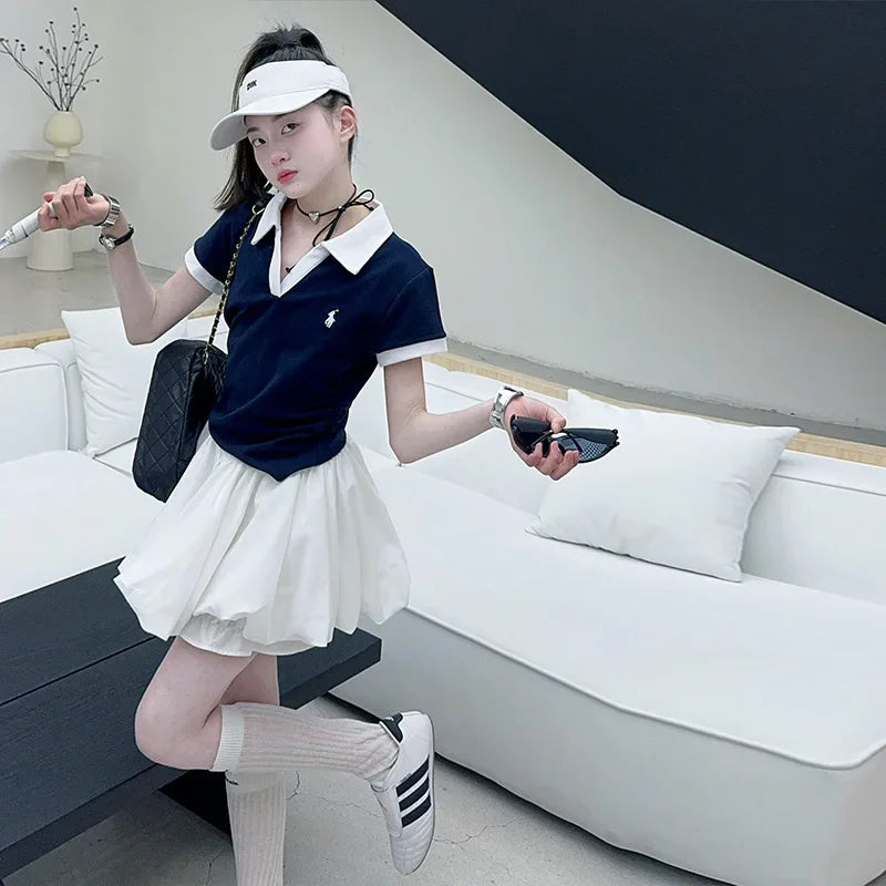 Girls Summer New Fashion Korean Style School Sports Short Sleeve T-Shirt And Bloomers Two-Piece Set White Floral Print Outfit.