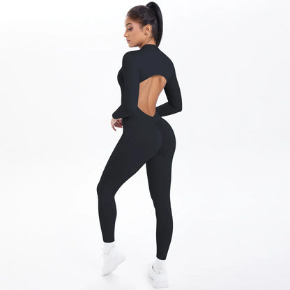Women's Long Yoga Bodysuit with Half-Zip Sexy Back & Butt Lift for Fitness Running Outdoor Sportswear