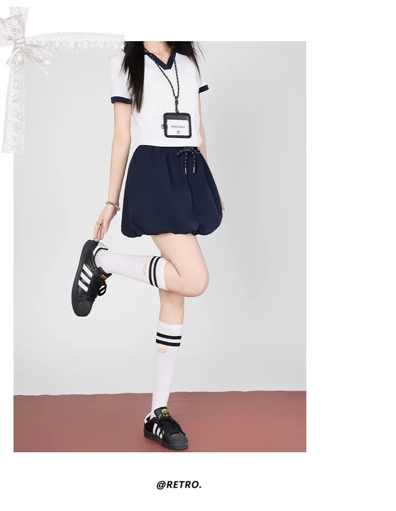 Korean College Style Half-length Shorts Floral Pants White Short-sleeved Set 2025 Versatile New Model Cotton V-neck T-shirt.