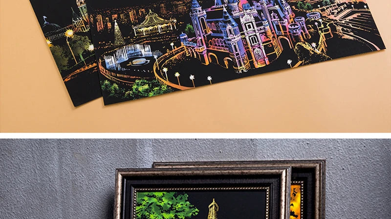 4PCS Scratch Art Paper World Landmarks Animals Painting Toy with Stylus Stress Relief Drawing Kids Adult Gift Glow in Dark Craft.