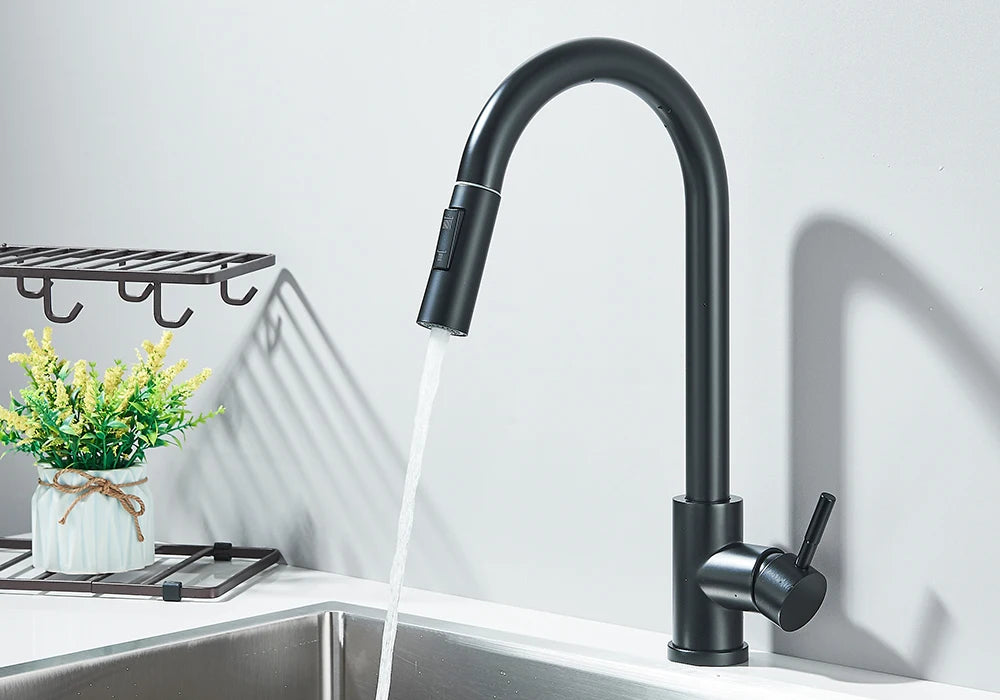 Black Pull Out Kitchen Faucet Deck Mounted Flexible Hot And Cold Water Kitchen Sink Mixer Tap With Stream Shower Modes Nozzle