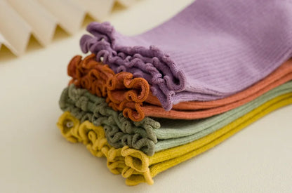 5 Pairs of Women's Solid Color Cotton Socks Japanese Style Ruffle Stacked Socks Cute Laciness Women's Long Socks.