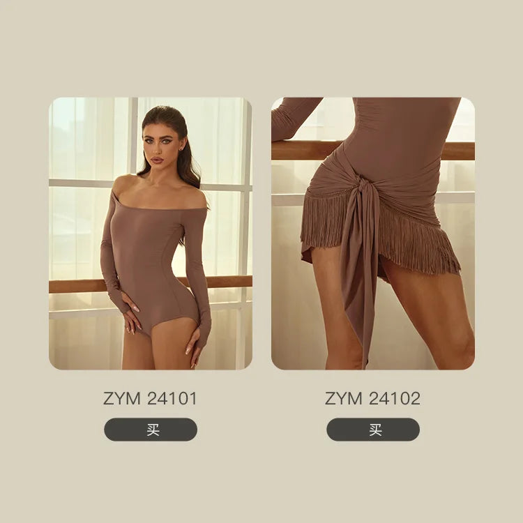 Off Shoulder Latin Dance Tops Fringe Skirt Women ZYM Latin Dance Clothes Competition Dress Club Rumba Samba Practice Wear V22221.