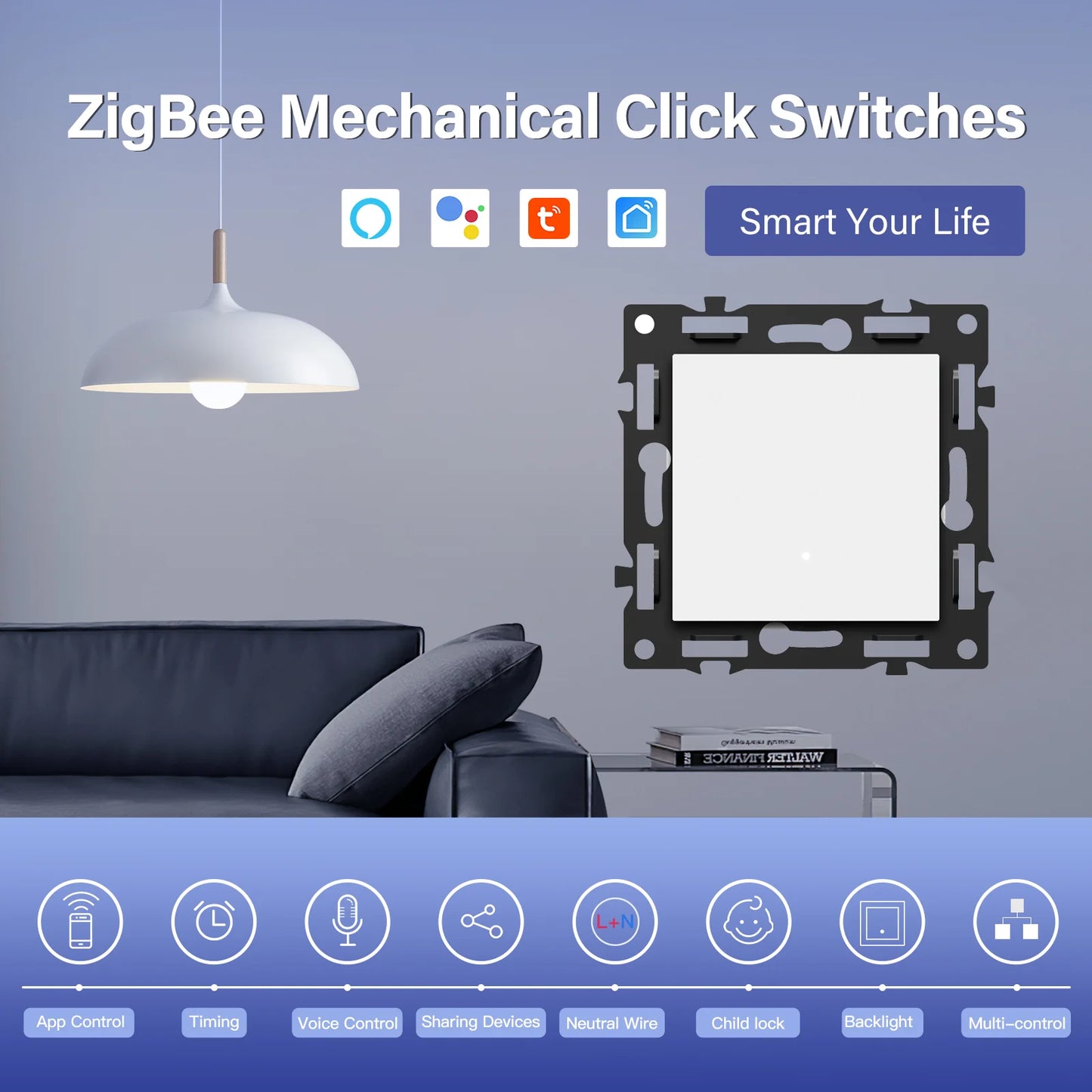BSEED Zigbee 1/2/3/4Gang Smart Licht Vorhang Shutter Dimmer Schalter Mechanische Tasten EU Steckdosen USBC DIY Teile Kunststoff Rahmen.