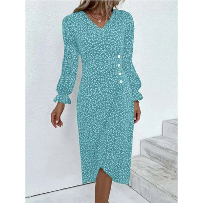Elegante Blumen Plissee H-förmigen Midi Kleid Weibliche V-ausschnitt Puff Sleeve Taille Geraffte Taste Kleider Frauen Sommer Kleid Robe.