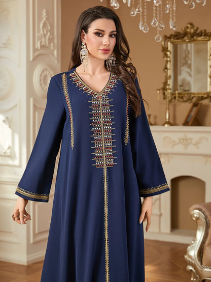 Elegant V-Neck Beading Embroidery Abaya For Muslim Woman 2025 Casual Loose Moroccan Saudi Dubai Kuwait Morocco Stylish Kebaya.