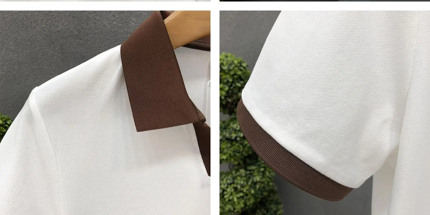 Men's Casual Polo Shirt Collared Short Sleeve Pique Cotton Breathable V-Neck Color Block Half Sleeve Summer Loose Top.