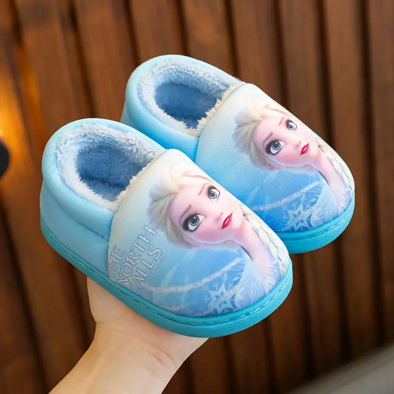 Disney Princess Elsa Winter Children's Heel Cotton Slippers Girls' Warm Frozen Kids' Cotton Black Purple Flats Shoes Size 24-40.