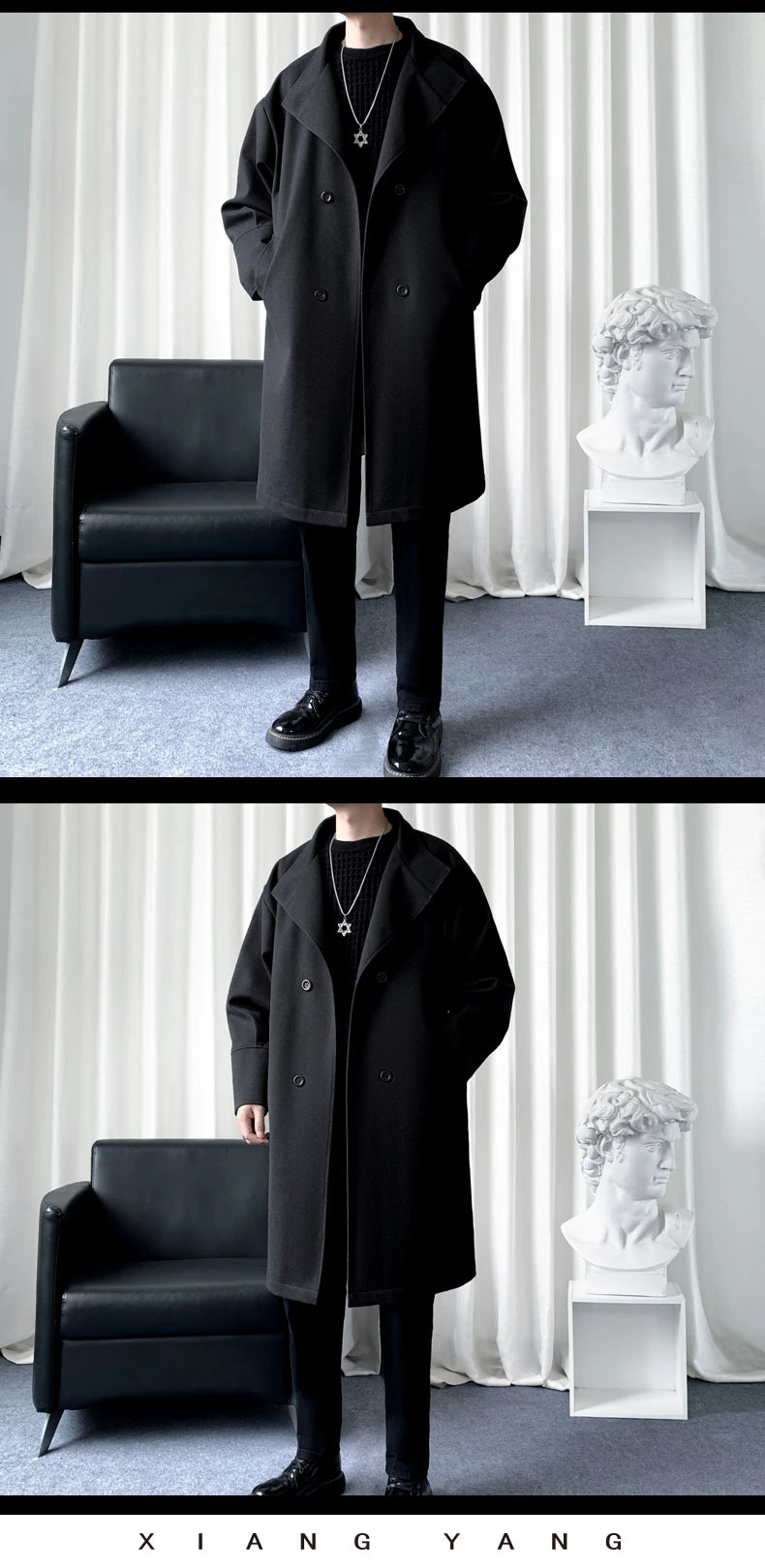 Korean Trend Men's Lapel coat Loose  Casual Double-breasted Overcoat Autumn Winter Fashion New Long Sleeve Woolen Coat.