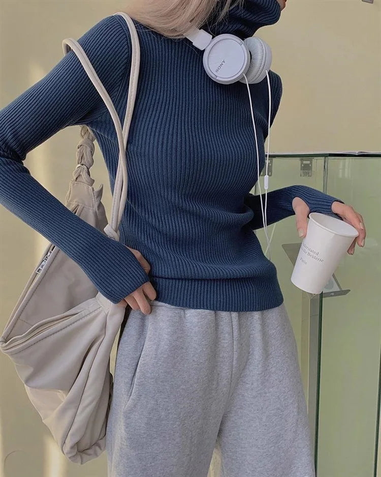 Neue Herbst Winter Grundlegende Gestrickte Tops Frauen Rollkragen Pullover Casual Pullover Koreanische Mode Einfache Mit Daumen Löcher Chic Kleidung.