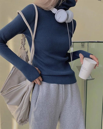 Neue Herbst Winter Grundlegende Gestrickte Tops Frauen Rollkragen Pullover Casual Pullover Koreanische Mode Einfache Mit Daumen Löcher Chic Kleidung.