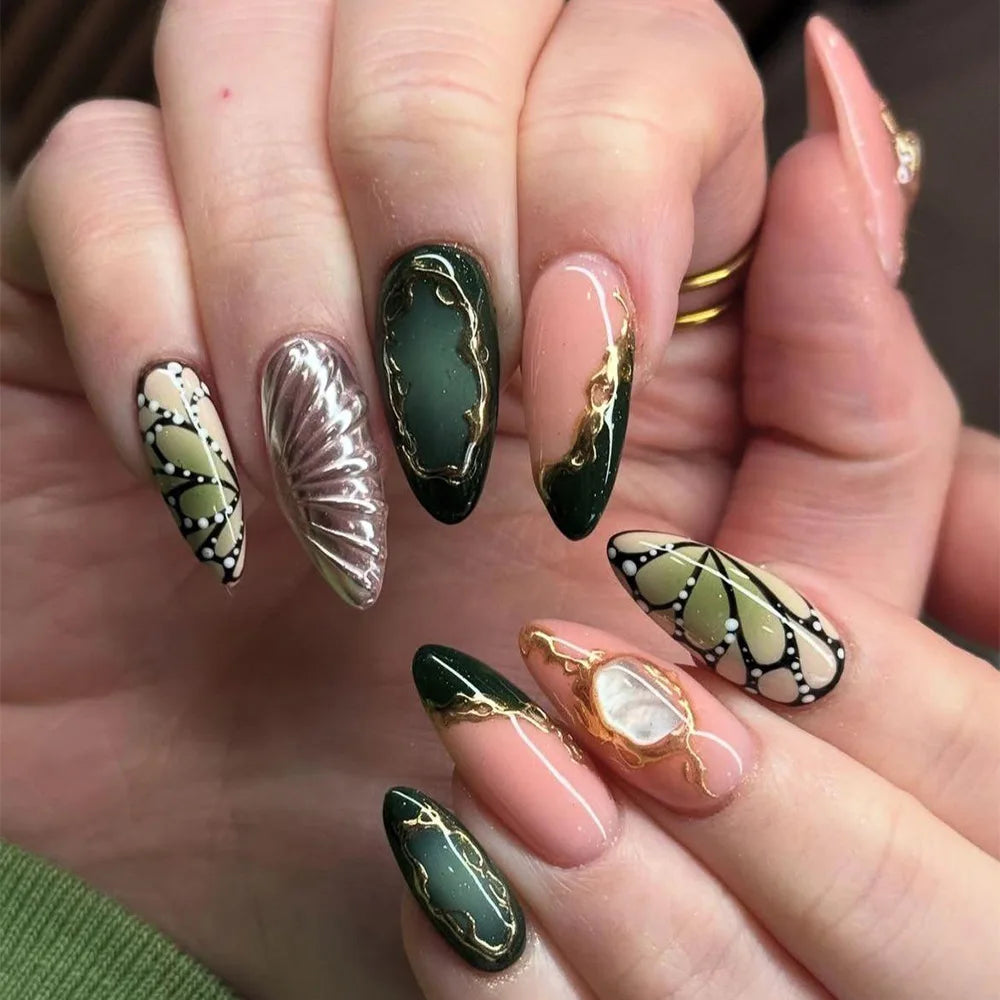 24Pcs Short Almond Fake Nails Butterfly Wings Nail Art with Glue Glitter Flower False Nails Acrylic Autumn Winter Press on Nail