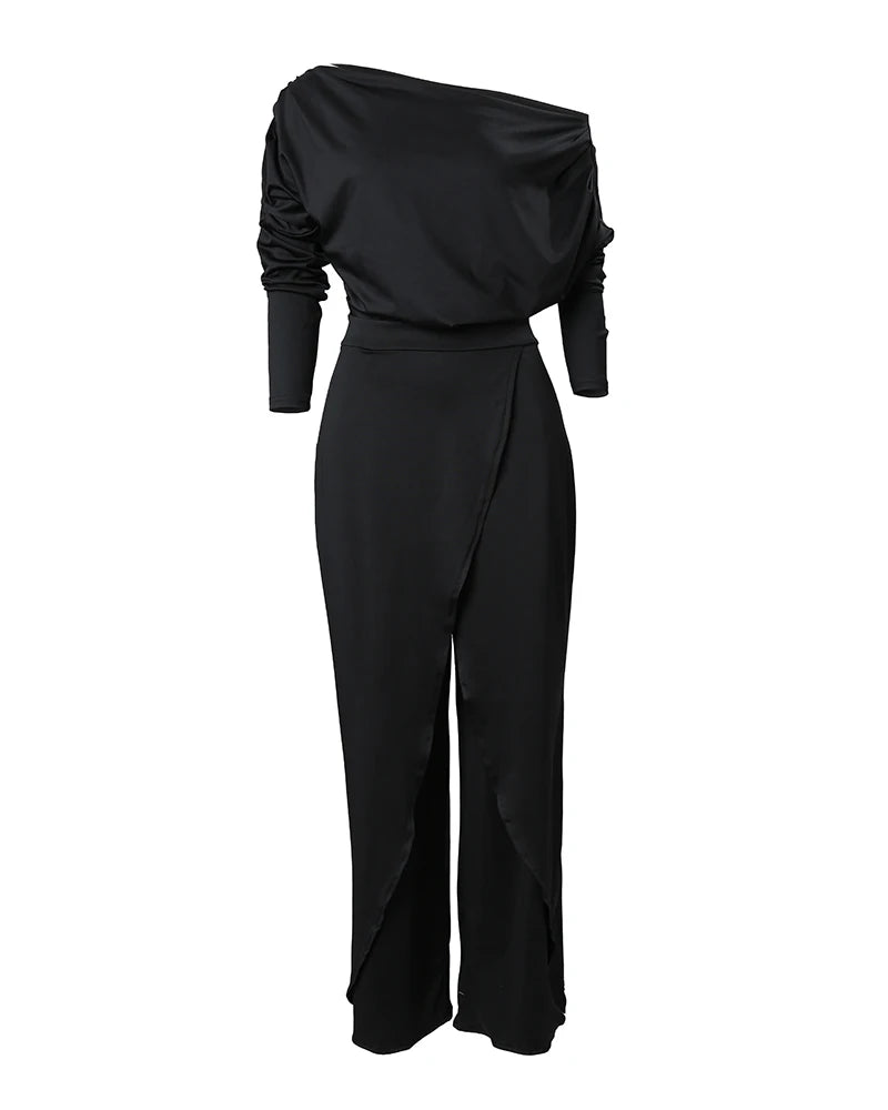 Elegant Jumpsuits for Women 2025 Spring New Plain Elegant Office Lady Loose Ruched Cold Shoulder Split Hem Wide Leg Jumpsuit.