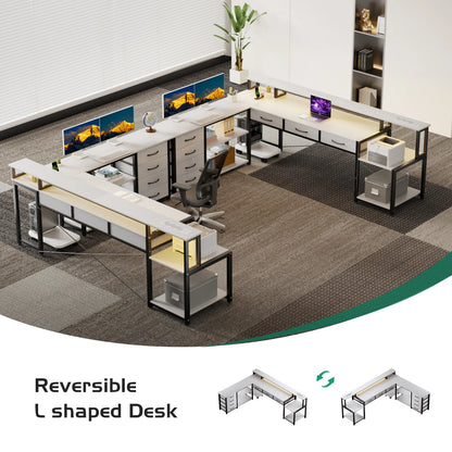 Weißer L-förmiger Schreibtisch mit LED Beleuchtung Schubladen Regal USB Steckdosen Computertisch 200cm