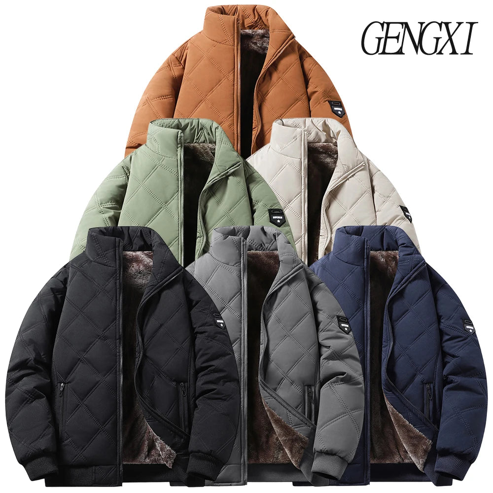 New Windproof Thermal Diamond-Quilted Cotton Jacket Winter Men's Fleece-Lined Thickened Cuff Design Stand-Up Collar Jacket.