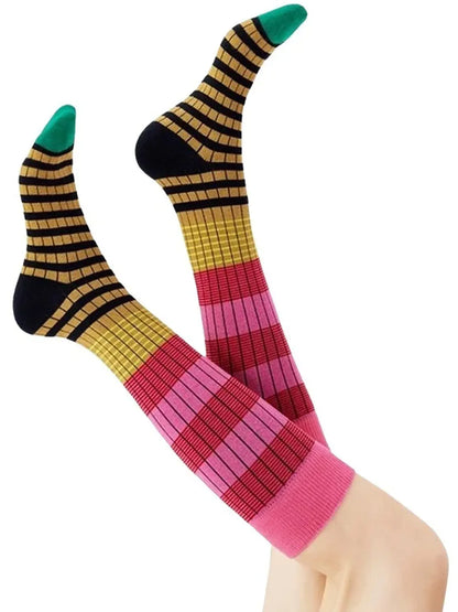 1 Pair Korean Style Women's Calf Socks Fashion Rainbow Stripes Socks Outdoor Sport Cycling Vintage Harajuku Middle Tube Long.