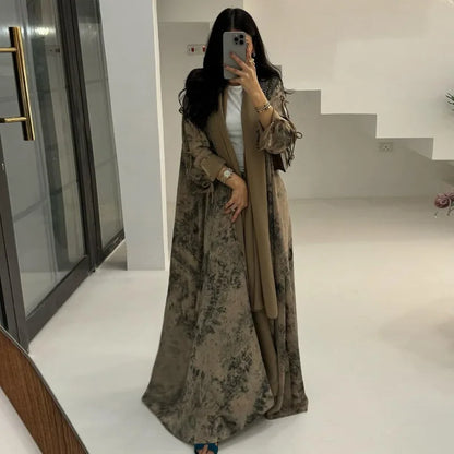 2025 sommer Arabisch Frauen Muslimische Kleidung Ramadan Dubai Offene Abaya Kleid mit Hijab Islam Gedruckt Chiffon 2 Stück Outfit