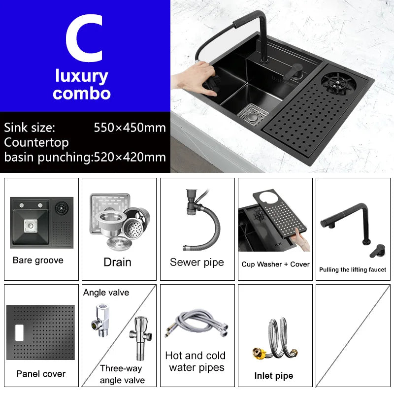 Hidden Cup Washer kitchen Sink Stainless Steel Small Bar Single Slot Washbasin Multifunctional With Cover Plate Dishwashing Pool