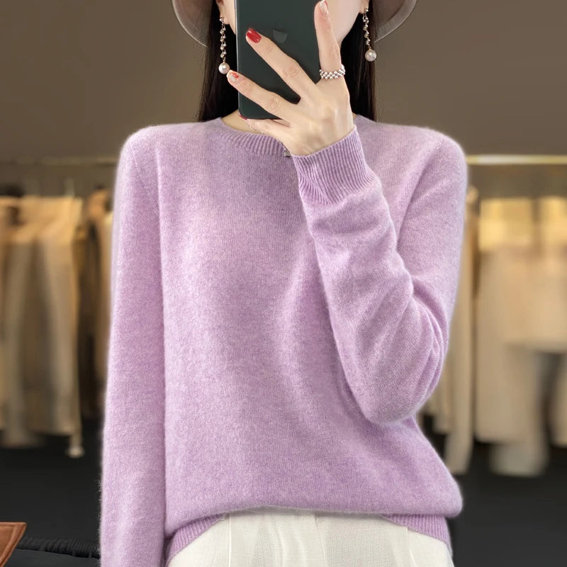 100% Merino Wool Sweater Women O-neck Cashmere Knitwear Female Pullover Autumn Winter Casual Tops Solid Color Soft  Clothing.