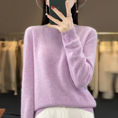 100% Merino Wool Sweater Women O-neck Cashmere Knitwear Female Pullover Autumn Winter Casual Tops Solid Color Soft  Clothing.