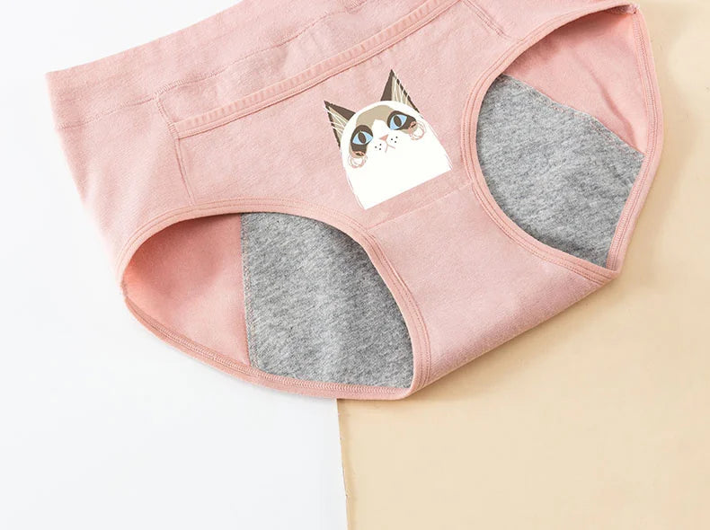 3PCS Cotton Menstrual Panties Leak Proof Breathable Cartoon cat Panties Woman Women Girls Physiological Pants Women's Intimates
