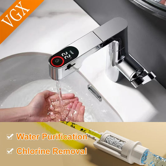 VGX Multifunctional Bathroom Faucets Pull Out Basin Mixer Sink Faucet Gourmet LED Display Tap 360° Tapware Crane Brass Chrome
