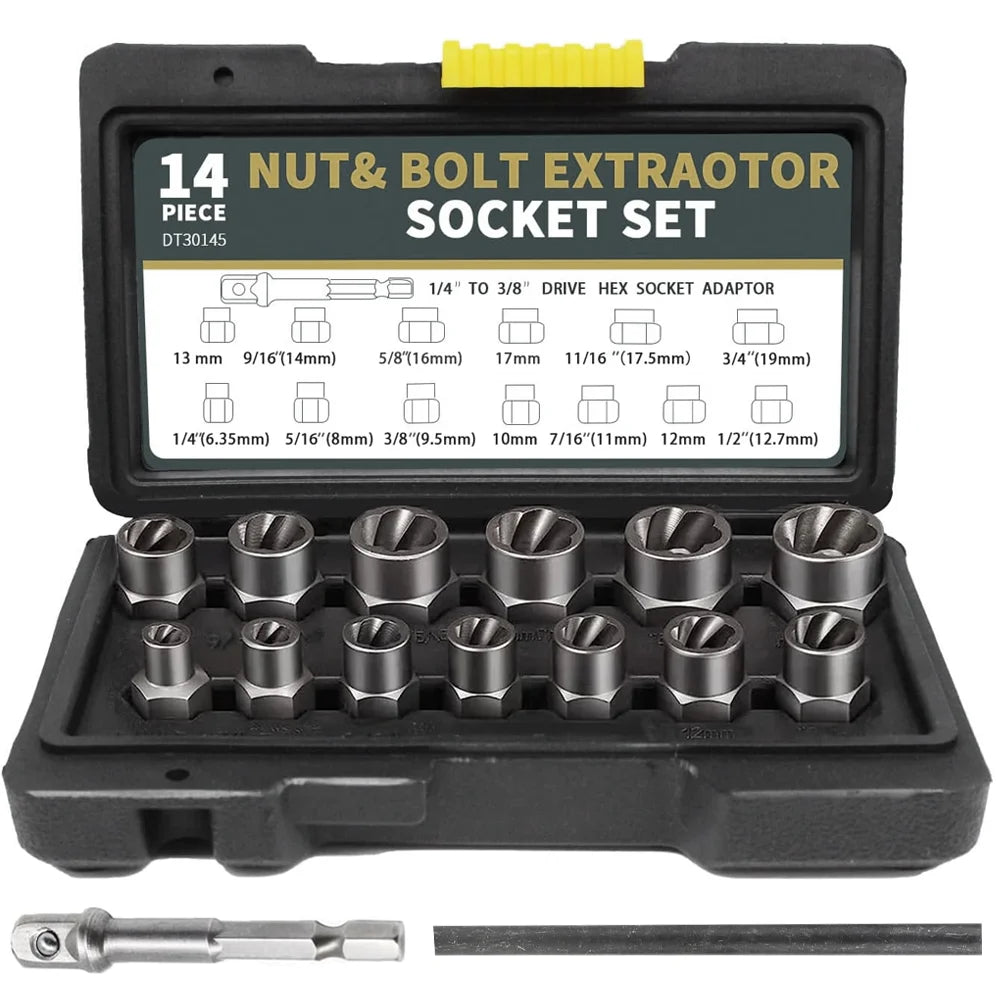[EU-Lager] 14-teiliges Steckschlüsselset, Schlagschrauben-Mutterentferner-Set, Cr-Mo-Stahl-Schraubenausdreher-Werkzeugset für industrielle Schlagschrauben und Muttern
